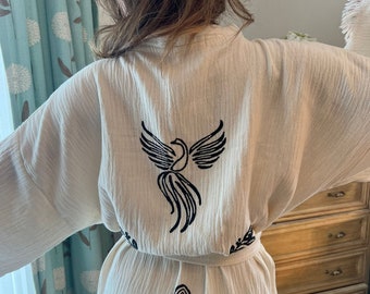 Handmade Muslin Cotton Kimono Robe: White Phoenix Bird Print Boho Cardigan