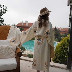 Handmade Cotton Muslin White Evil Eye Kimono Cardigan Robe, Towel, Sarong, Ethnic Boho Festival kimono, White Long Robe, Beachwear Cover up