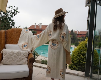 Handmade Cotton Muslin White Evil Eye Kimono Cardigan Robe, Towel, Sarong, Ethnic Boho Festival kimono, White Long Robe, Beachwear Cover up