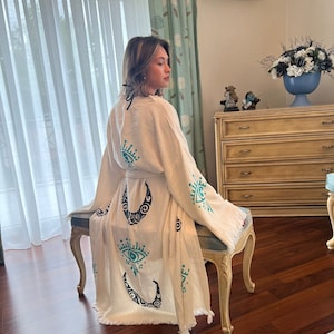 Handmade White Muslin Cotton Evil Eye Kimono Cardigan, Blue Evil Eye, Boho Kimono, Bohemian Festival kimono, Unique Gift, Gift for Her