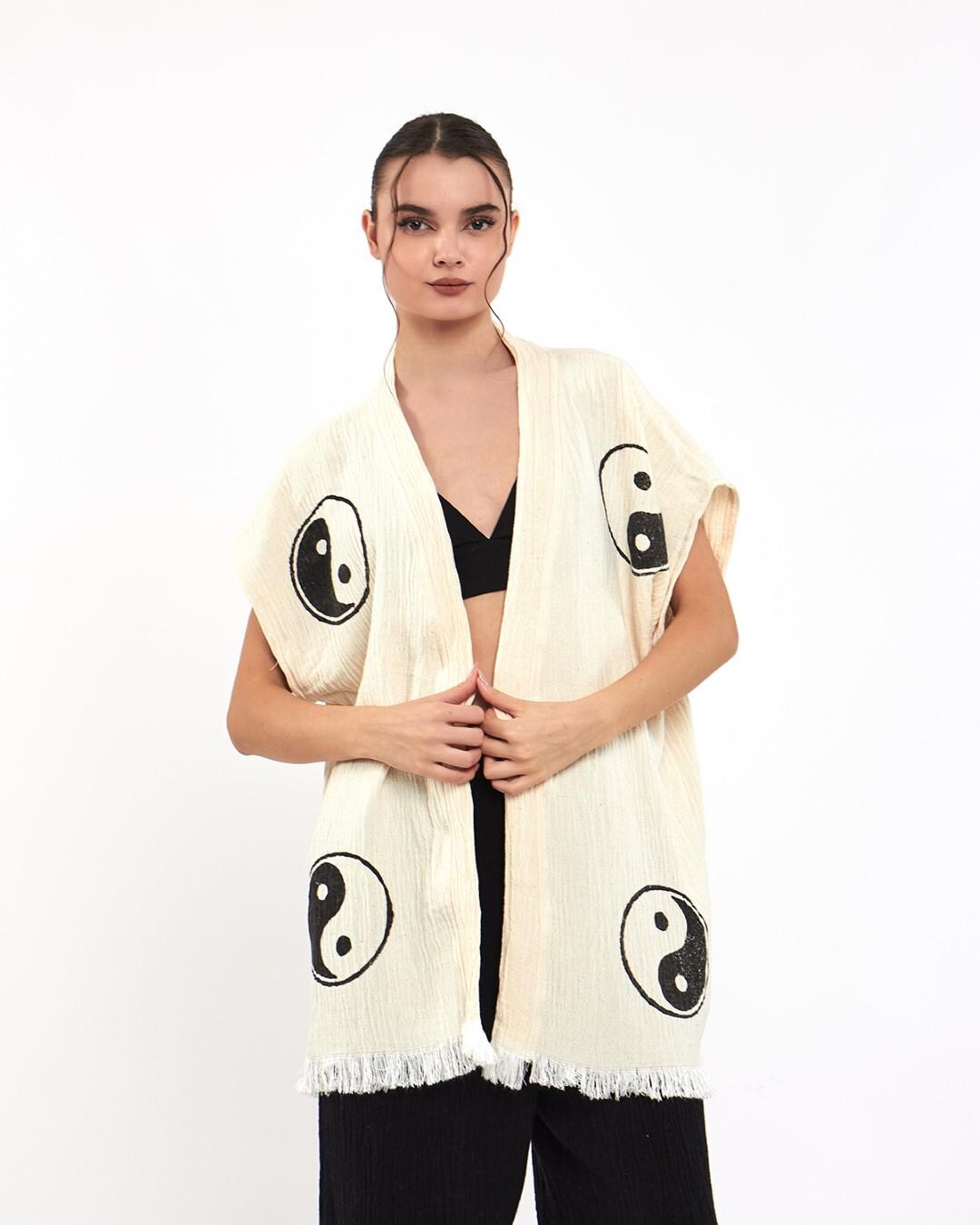 Yin Yang Robe Set of Boho Morning Robe Pant, Organic Cotton Muslin Spa Robe, Ying ...