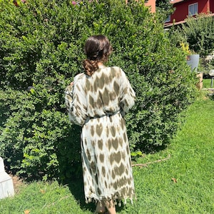 Handmade Cotton Linen Tie Dye Painting Green Brown Kimono Cardigan, Brown Green Tie Dye Kimono, Ethnic Boho Festival kimono, Long Robe