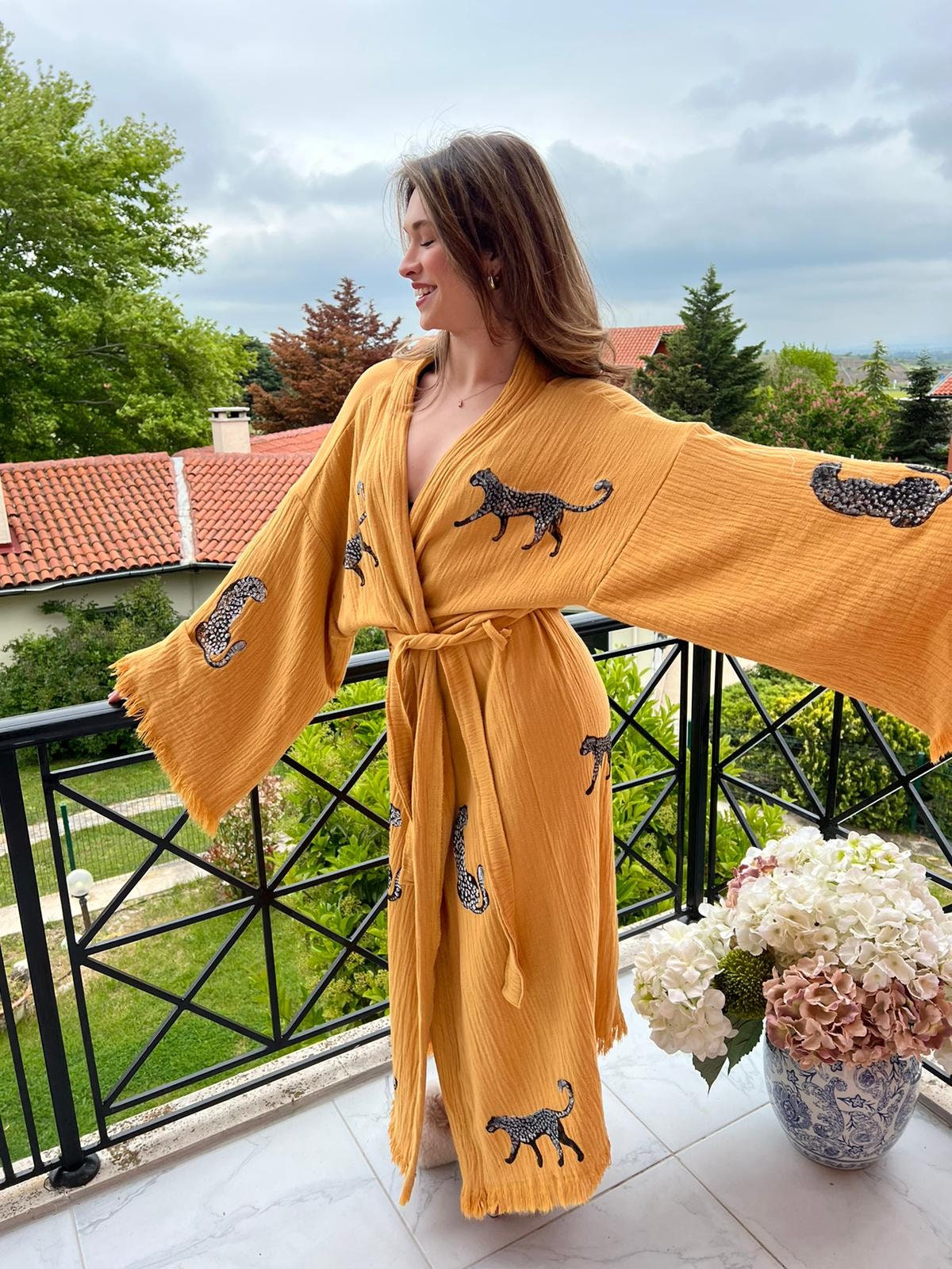Handmade Muslin Cotton Mustard Leopard Kimono Cardigan Robe