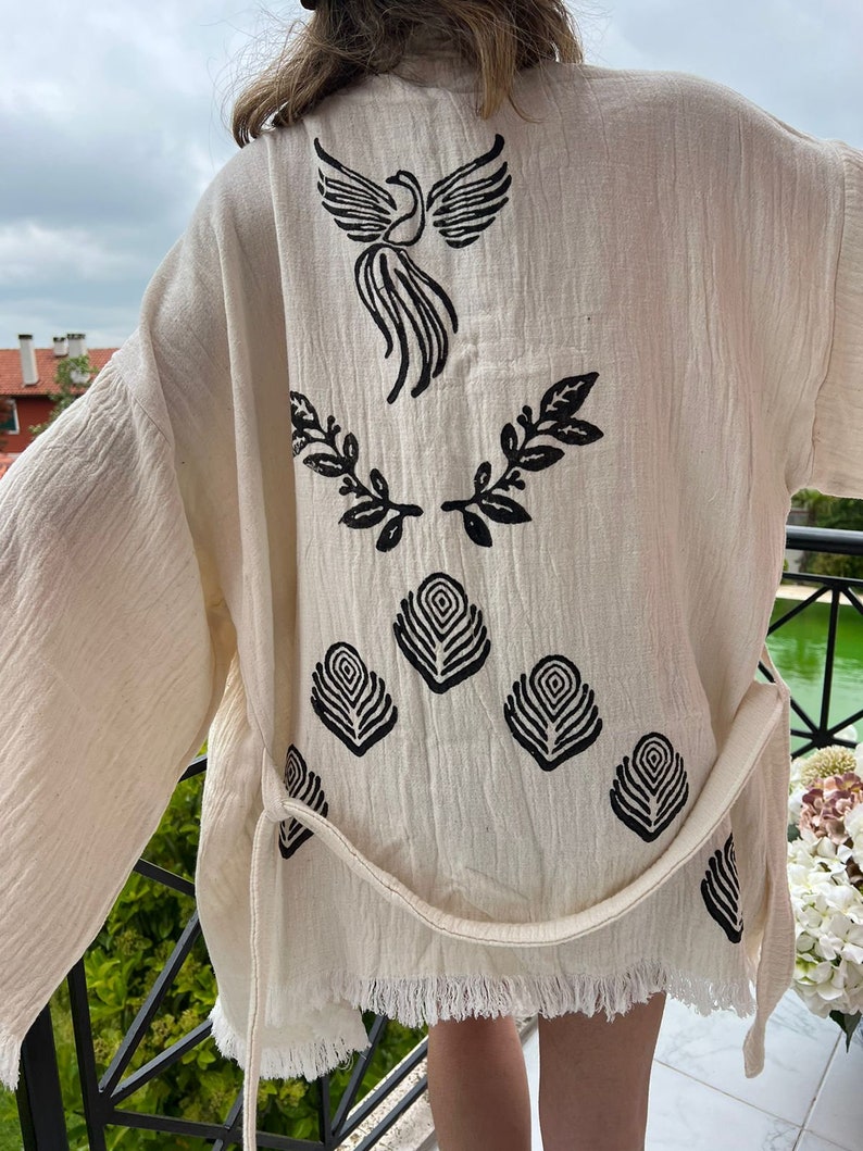Handmade Muslin Cotton White Phoenix Bird Kimono Cardigan, Holiday Robe, Ethnic Boho kimono, Short Robe, Unique Gift, Short Beachwear, Wrap image 4