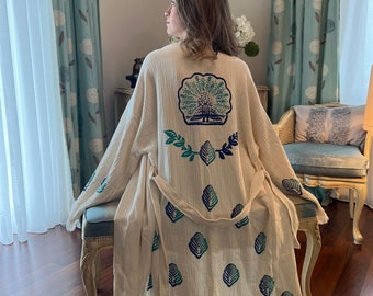 Handmade Muslin Kimono Robe: White Phoenix Bird Print Boho Cardigan