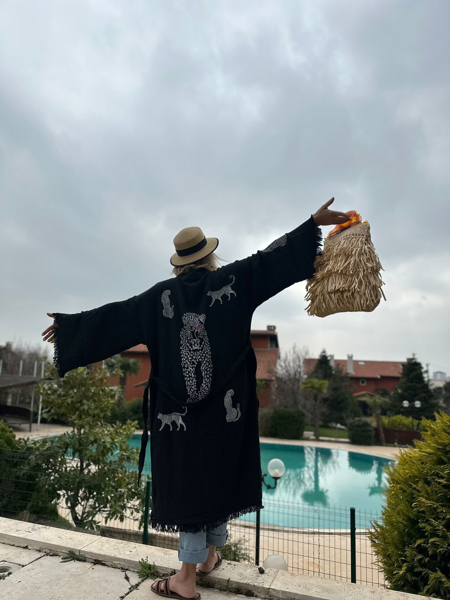 Handmade Muslin Cotton Black Leopard Kimono Cardigan Robe