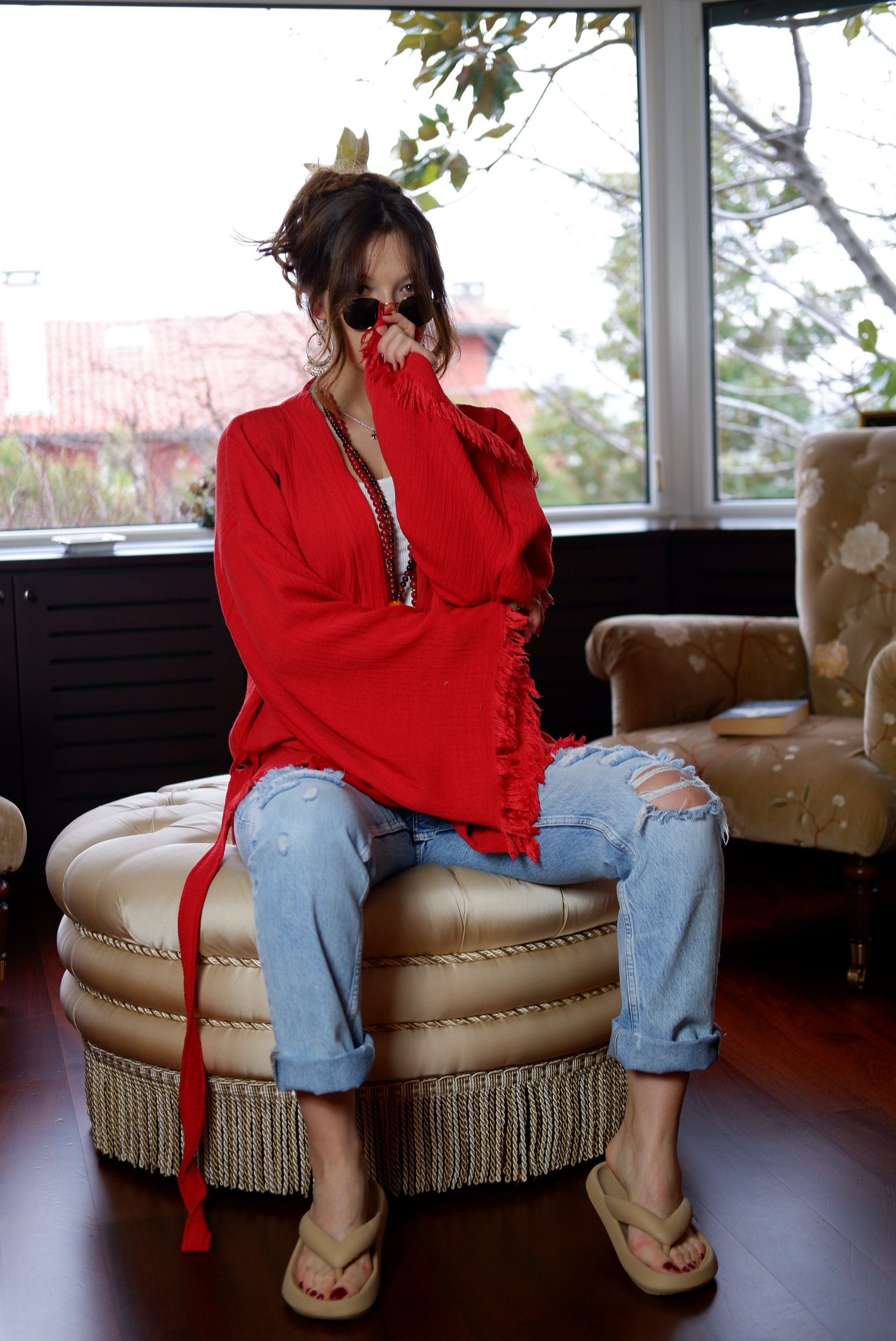 Organic Cotton Long Sleeve Black Caftan, Evil Eye Print On The Back