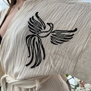 Handmade Muslin Cotton White Phoenix Bird Kimono Cardigan, Holiday Robe, Ethnic Boho kimono, Short Robe, Unique Gift, Short Beachwear, Wrap image 3