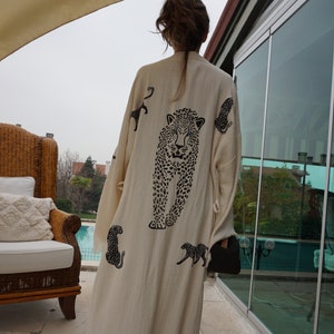 Handmade Cotton Muslin White Leopard Kimono Cardigan Robe, Leopard Kimono, Ethnic Boho Festival kimono, Long Robe, Bathrobe, Beachwear
