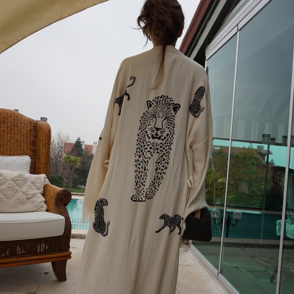 Handmade Cotton Muslin Leopard Kimono Robe, Boho Beachwear