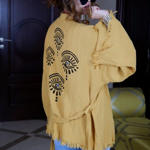 Handmade 100% Cotton Muslin Yellow Evil Eye Short Kimono Cardigan, Evil Eye Robe, Ethnic Boho Festival kimono, Dressing Gown, Unique Gift