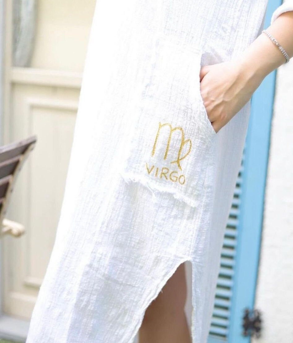 Buy Handmade Muslin Cotton Virgo Zodiac Shirt Dress: Blue White