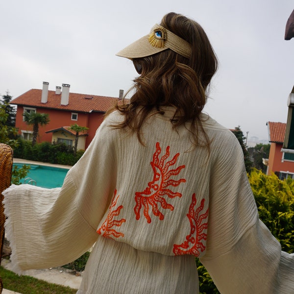 Handmade Muslin Cotton Ethnic Orange Sun Moon Short Robe, Kimono Cardigan, Boho Festival kimono, Unique Gift, Gift for Her