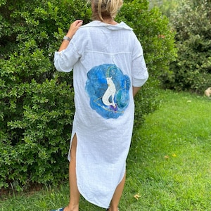 Handmade Muslin Cotton White Capricorn Zodiac Shirt Dress, Astrology Zodiac Horoscope Capricorn  Sign, Blue White Beach Shirt Dress