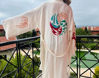Cotton Muslin Kimono Robe: Four Elements Design, Beach Cover-Up