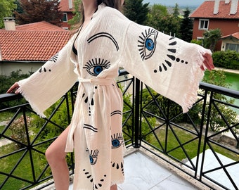 Handgjord muslinbomulls kimono-morgonrock: Blå onda ögat boho-kofta