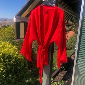 Handmade Muslin Cotton Red Evil Eye Short Kimono Cardigan Robe, Evil Eye Kimono, Ethnic Boho Festival kimono, Halloween, Christmas Gift