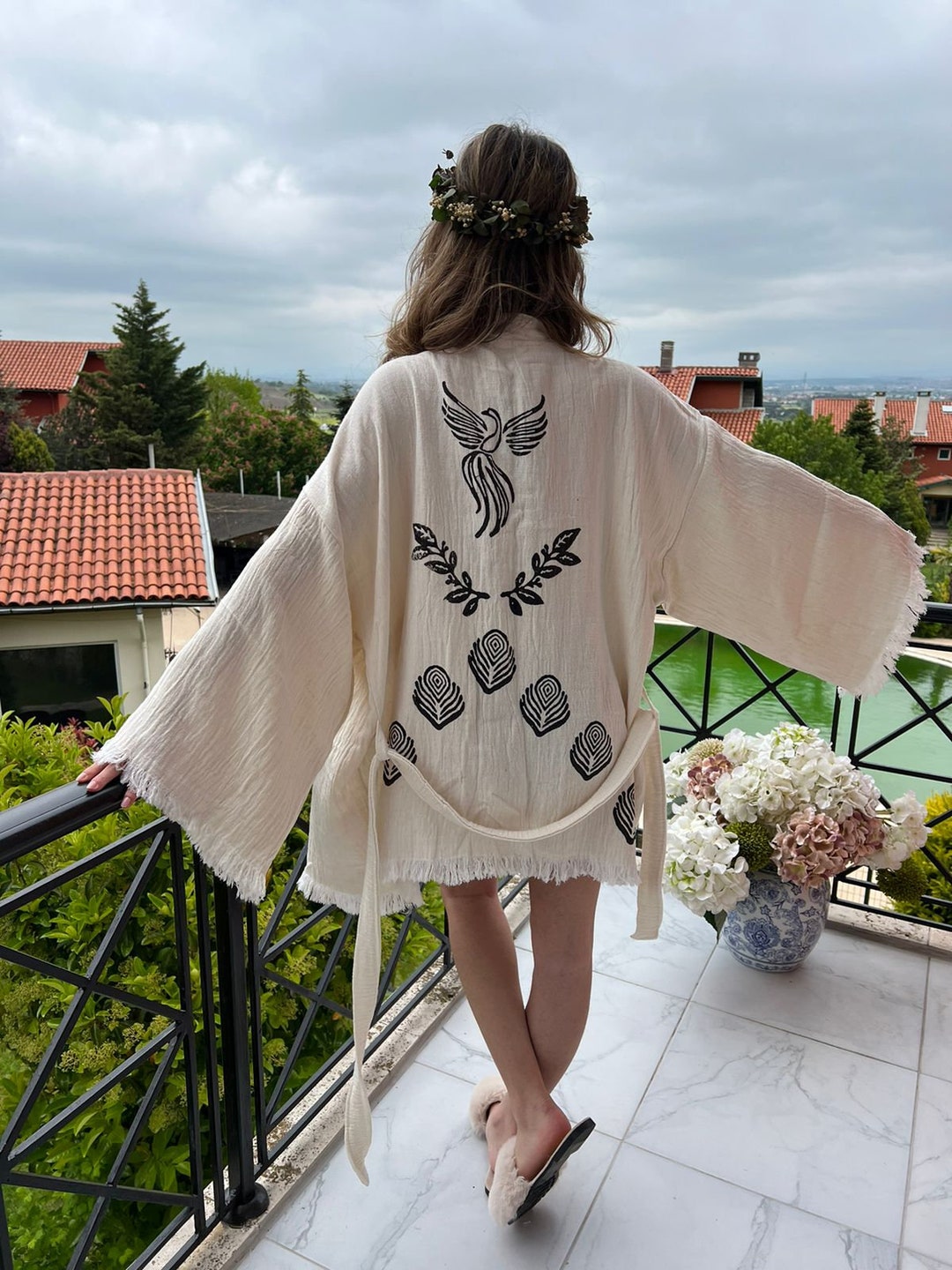 Handmade Muslin Cotton Kimono Robe: White Phoenix Bird Print Boho ...