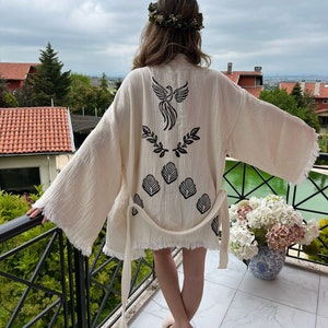 Handmade Muslin Cotton White Phoenix Bird Kimono Cardigan, Holiday Robe, Ethnic Boho kimono, Short Robe, Unique Gift, Short Beachwear, Wrap image 1
