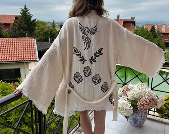 Handmade Muslin Cotton Kimono Robe: White Phoenix Bird Print Boho Cardigan