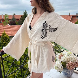 Handmade Muslin Cotton White Phoenix Bird Kimono Cardigan, Holiday Robe, Ethnic Boho kimono, Short Robe, Unique Gift, Short Beachwear, Wrap image 7