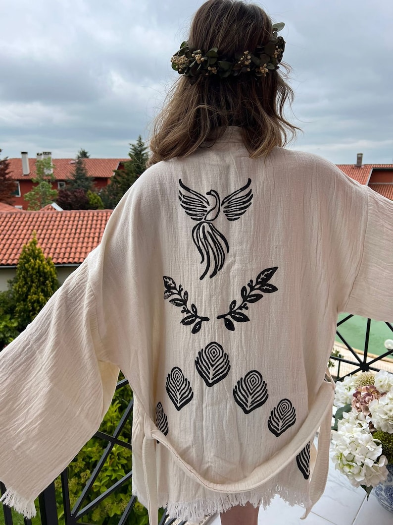 Handmade Muslin Cotton White Phoenix Bird Kimono Cardigan, Holiday Robe, Ethnic Boho kimono, Short Robe, Unique Gift, Short Beachwear, Wrap image 6