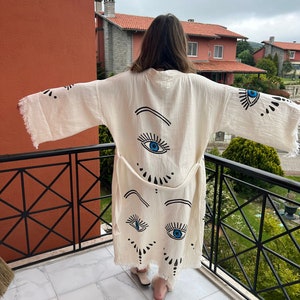 Silk Ikat Muslin Robe Blue Evil Eyes