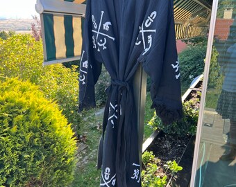 Handmade Muslin Cotton Black Kimono Robe: Boho Beach Cover-Up