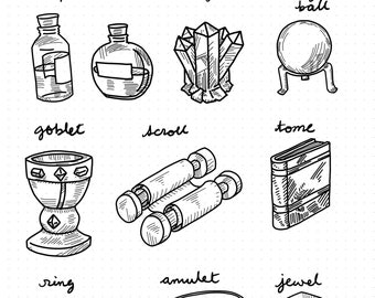 Goodnotes Sticker Sheet - 10 Hand-Drawn Magical Objects and Fantasy - iPad Journaling and Planners