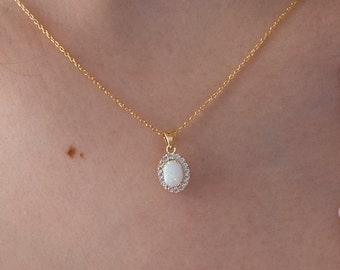Opal Necklace For Women in 14K Solid Gold, Dainty White Opal Necklace For Bridal, Blue Opal Unique Necklace For Wife, October Necklace Gift