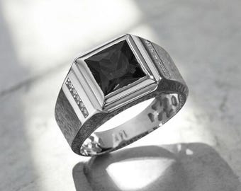 Vierkante herenring in 925 sterlingzilver, sierlijke zwarte stenen ring, elegante edelsteenring voor heren, herentrouwring, uniek jubileumcadeau,