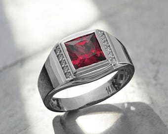 Anello da uomo in argento sterling 925 con rubino, anello con pietra preziosa quadrata per fidanzato, elegante anello con pietra rossa, gioielli artigianali, regalo di compleanno per marito