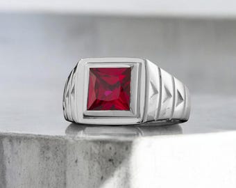 Anello da uomo con pietra preziosa quadrata in rubino rosso in argento 925, gioielli artigianali per lui, anello con sigillo minimalista in argento da uomo con pietra, regalo di compleanno