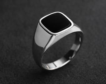 Kussen zwarte onyx ring in zilver of goud, natuurlijke edelsteenring voor echtgenoot, herenzegelring, sierlijke sieraden voor mannen, herencadeau voor vriend