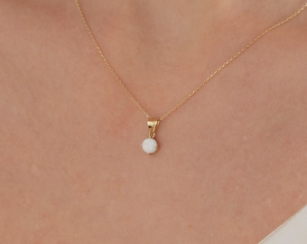 Dainty White Opal Necklace in 14K Gold, Oval White Opal Pendant Necklace For Wedding, October Birthstone Necklace, Opal Bridal Necklace