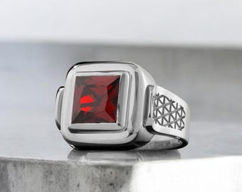 Anello da uomo in argento sterling, pietra preziosa quadrata in zircone rubino
