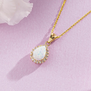 Teardrop Opal Necklace in 14K Gold, Dainty White Opal Necklace For Bridal, Pear Shaped Genuine Opal Necklace, Promise Necklace For Her