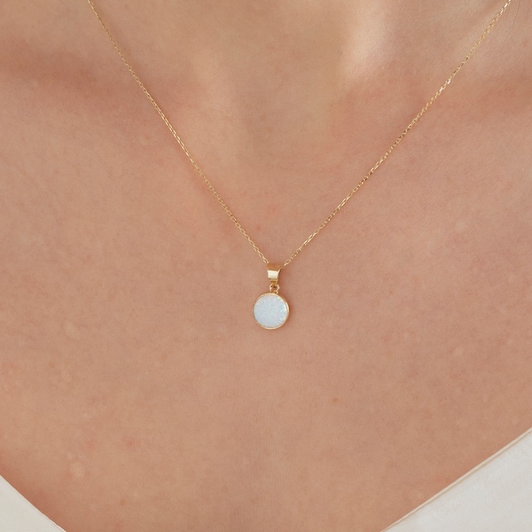 Natural White Opal Necklace For Bride, 14K Gold Opal Birthstone Pendant Necklace, October Necklace For Girlfriend, Dainty Solitaire Necklace