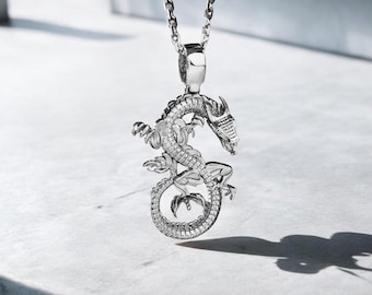 Sterling Silver Dragon Pendant Necklace, Unisex Animal Jewelry