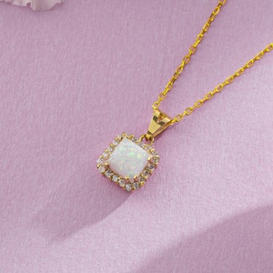 Square Dainty White Opal Necklace to Girlfriend, Blue Opal Unique Necklace in Real Gold, Wedding Necklace to Bride, Trendy Solitaire Pendant