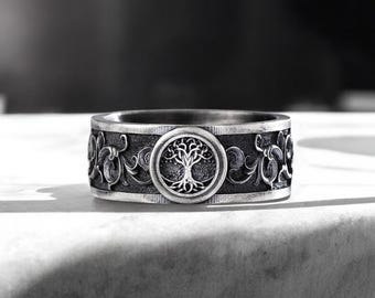 Tree of Life Sterling Silver Engraved Band Ring For Men, Vintage Celtic Wedding Ring, Yggdrasil Handmade Ring, Promise Ring, Unique Gift Men