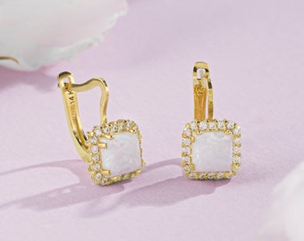 Square Opal Leverback Earrings For Bridal, White Opal Halo Earrings in 14K Gold, Pink Opal Earrings For Girlfriend, Blue Opal Earrings