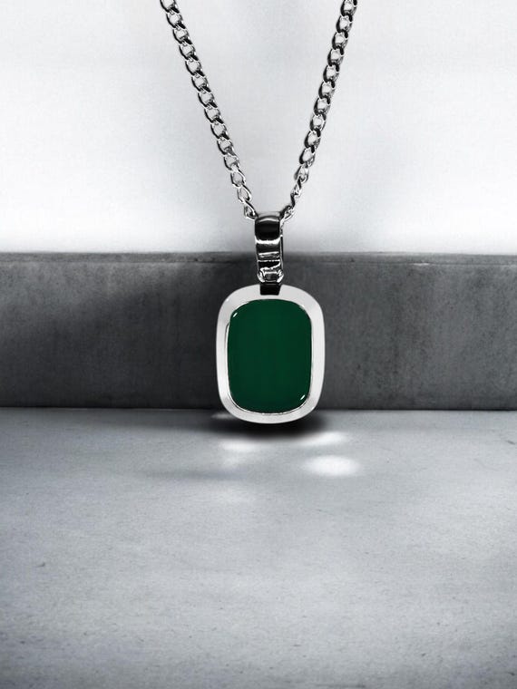 e グリーンアゲートペンダント.ネックレス クッショングリーンアゲートペンダントネックレス、シルバー＆14K