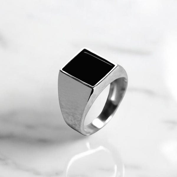 Baguette Black Onyx Men Ring in Silver or Gold, Stylish Natural Gemstone Ring For Son, Mens Signet Ring, Fashion Jewelry, Dad Birthday Gift