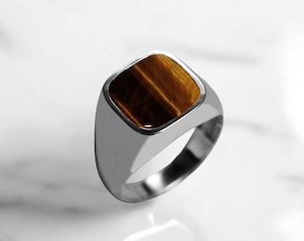Sterling Silver Tigers Eye Ring For Men, Vintage Gold Signet Ring, Natural Gemstone Ring For Everyday, Unique Jewelry, Gift For Boyfriend