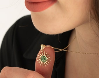 Sunburst Necklace with Emerald in Gold, 14K Solid Gold Sun Necklace, Girlfriend Necklace, Sun Pendant, Dainty Necklace, Promise Necklace