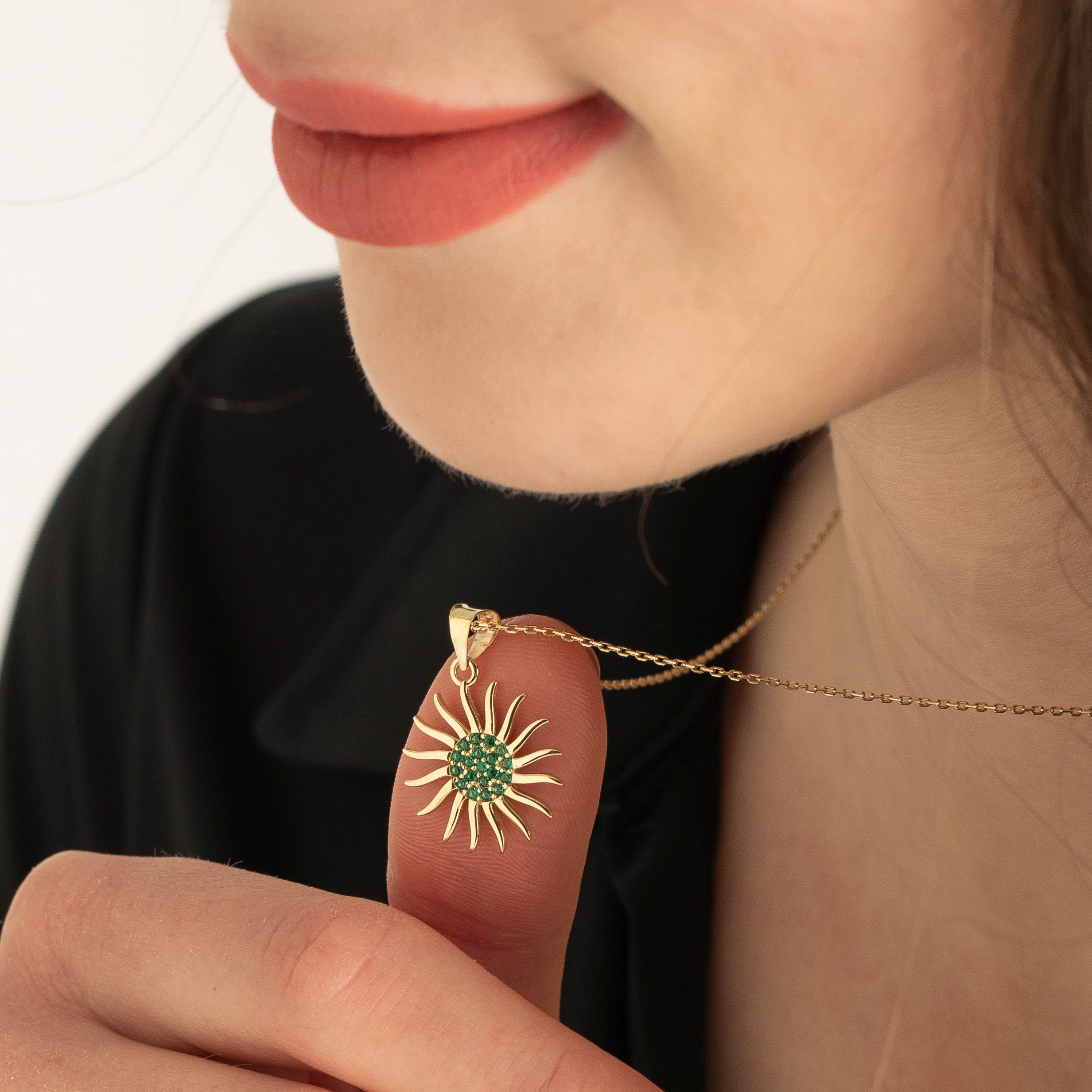 Sunburst Necklace With Emerald in Gold, 14K Solid Gold Sun