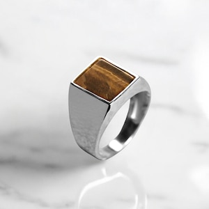 Baguette Sterling Silver Tigers Eye Signet Ring, Modern Gemstone Ring For Men in 10K 14K Gold, Handcrafted Jewelry to Dad, Unique Mens Gifts