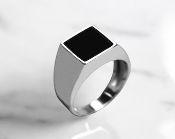 Vierkante onyx zegelring voor mannen in 925-zilver, stijlvolle zwarte stenen ring voor echtgenoot, handgemaakte edelsteenring, mode mannen sieraden, herencadeaus