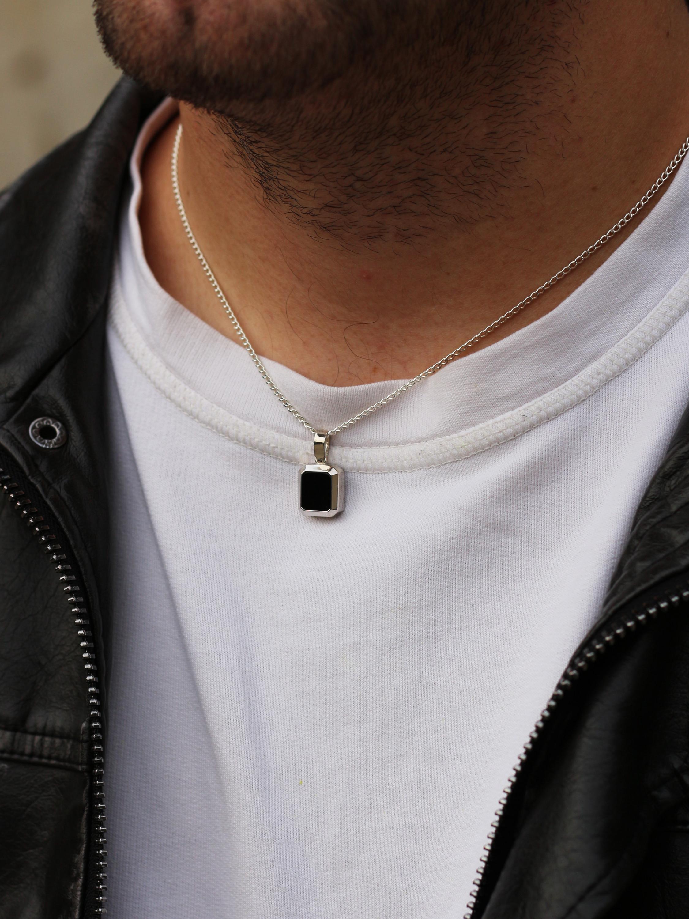Octagon Onyx Pendant Necklace for Men, Silver Unique